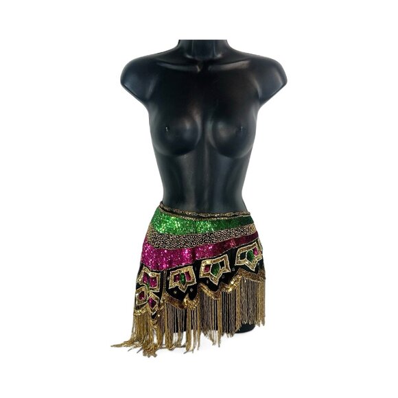 vtg Sequins Beaded Belly Dance Costume Samba Rave Carnival Hip Scarf Belt - Picture 2 of 5